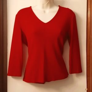 Ralph Lauren Red 3/4 Sleeve Large Pleated V-neck Knit Top